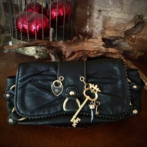 Juicy Couture Handbags - Vtg Y2K Black Gold Juicy Couture Leather Charms Mini Handbag Purse Bag Clutch